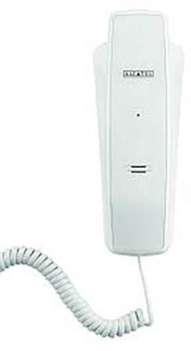 Ein klassischer, kabelgebundener Telefonhörer mit Spiralkabel, geeignet zur Wandmontage.