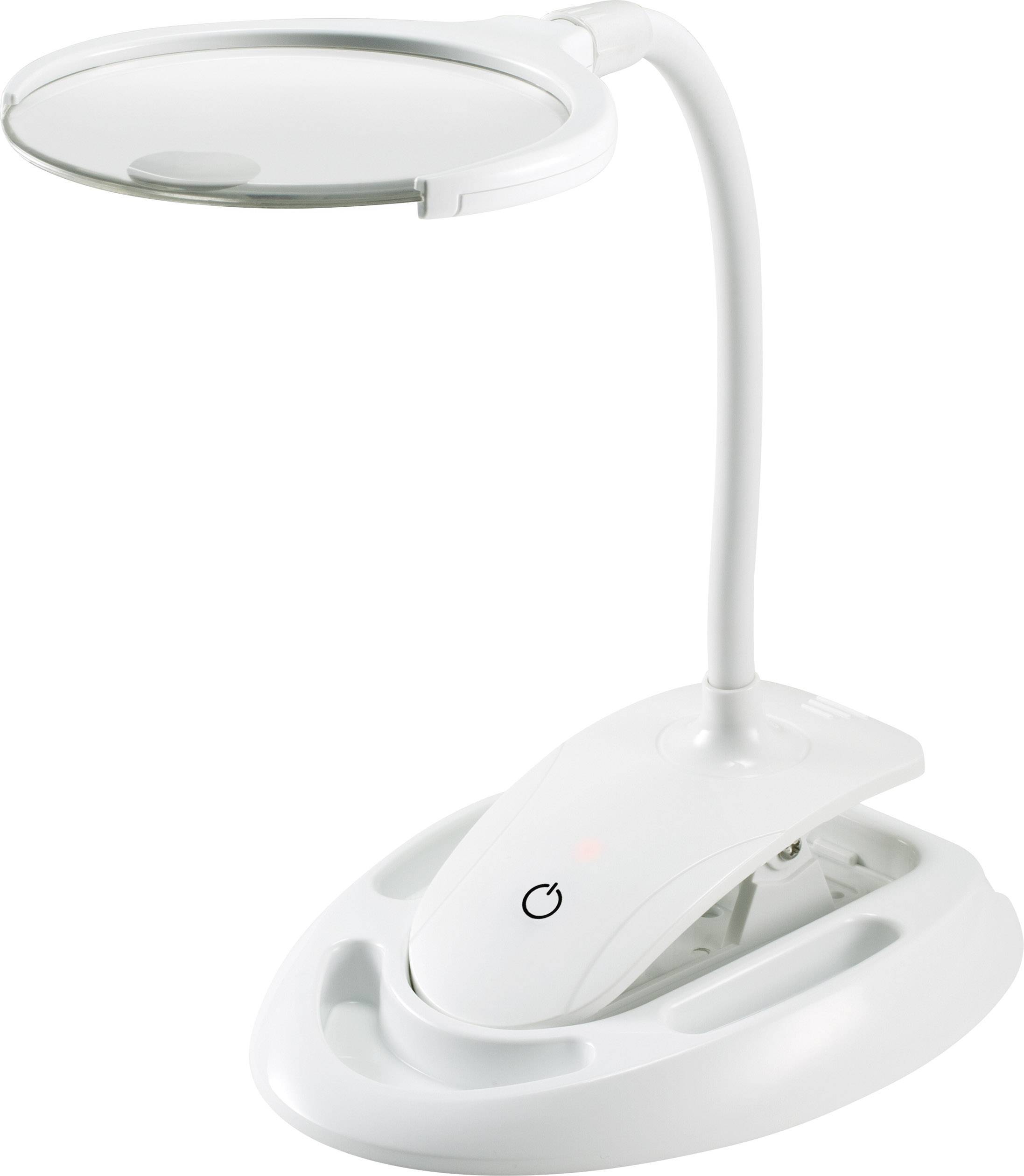 Weiße Tischlampe mit flexiblem Arm und rundem Leuchtkopf, geeignet für Arbeits- oder Leseumgebungen.