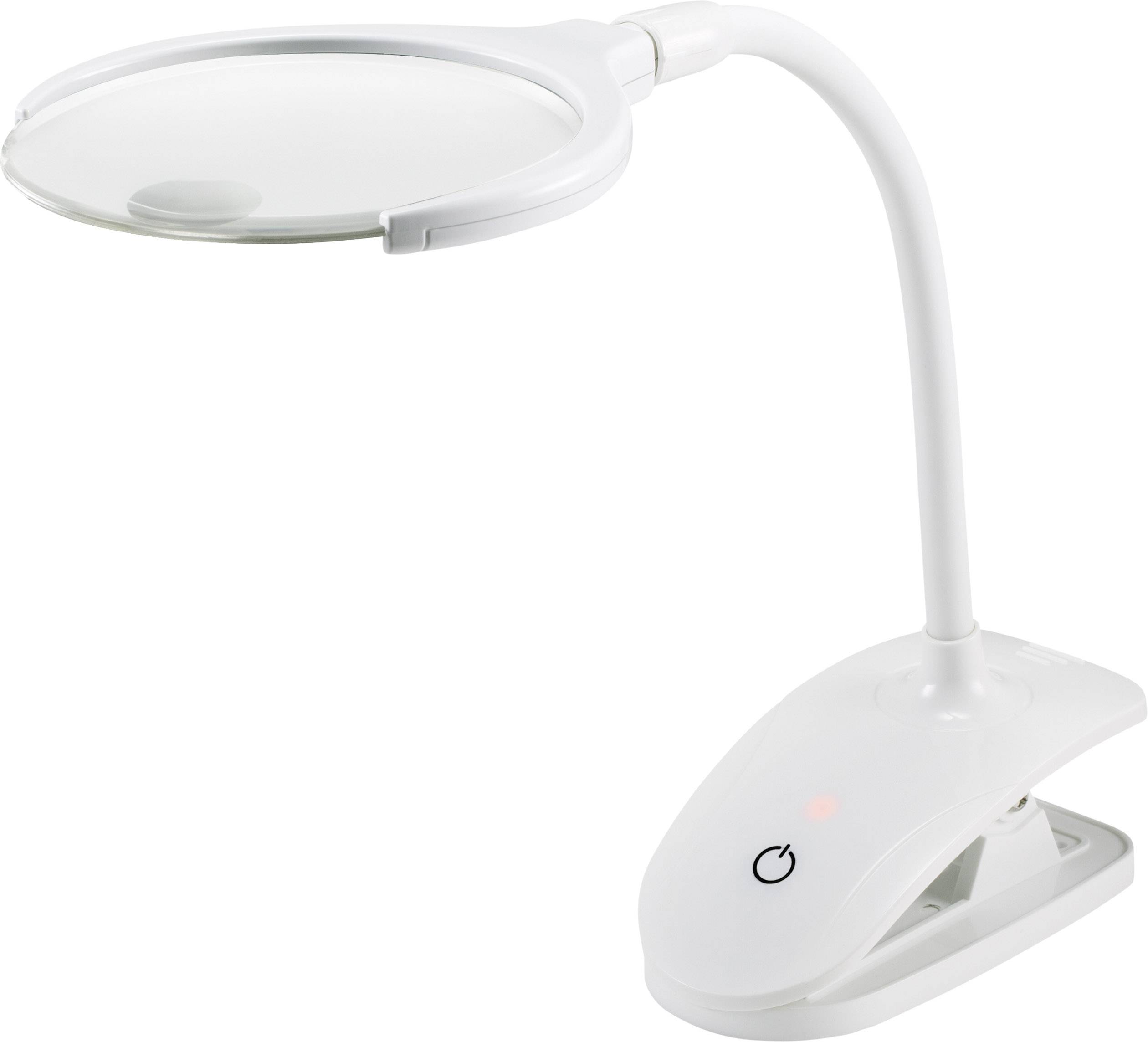 Weiße LED-Lupenleuchte mit flexiblem Arm und Basis. Die Lupe zeigt das Vergrößerungsglas oben, geeignet für detailgenaue Arbeiten.