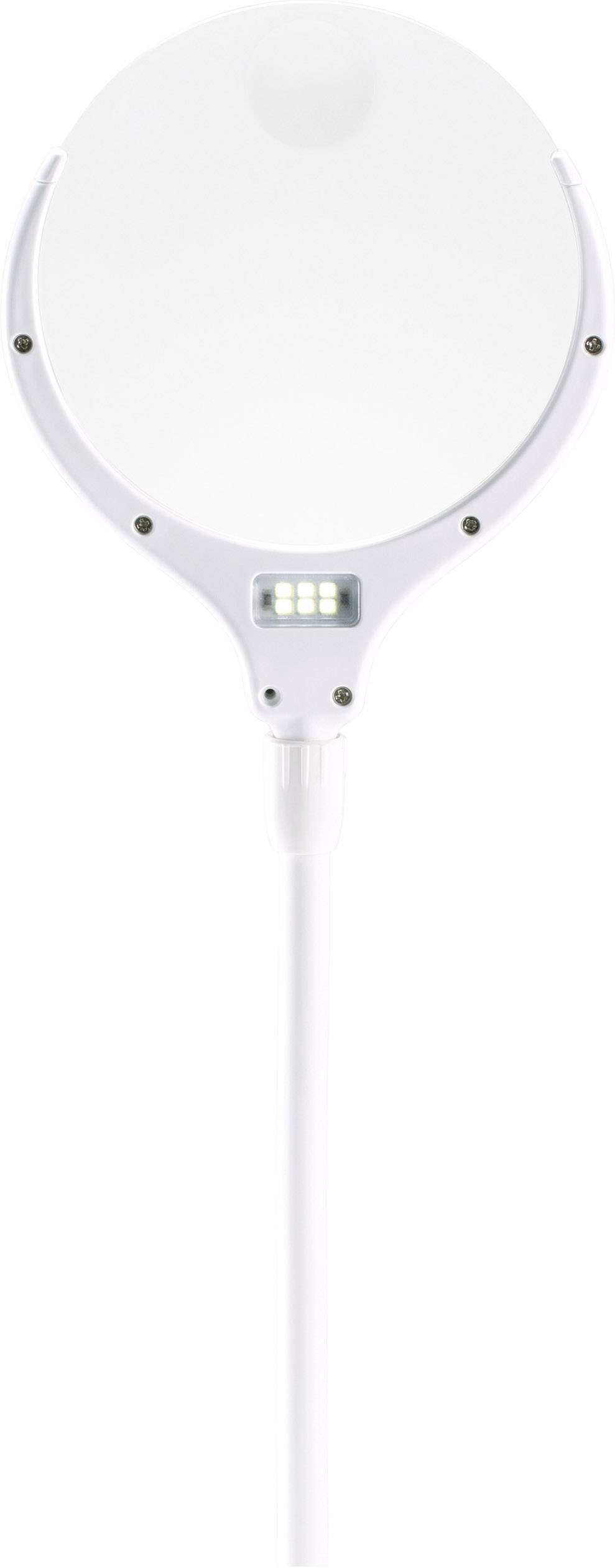 Ein rundes, weißes elektronisches Gerät mit integriertem Licht und Kabel. Möglicherweise ein Ladegerät oder eine Lampe.