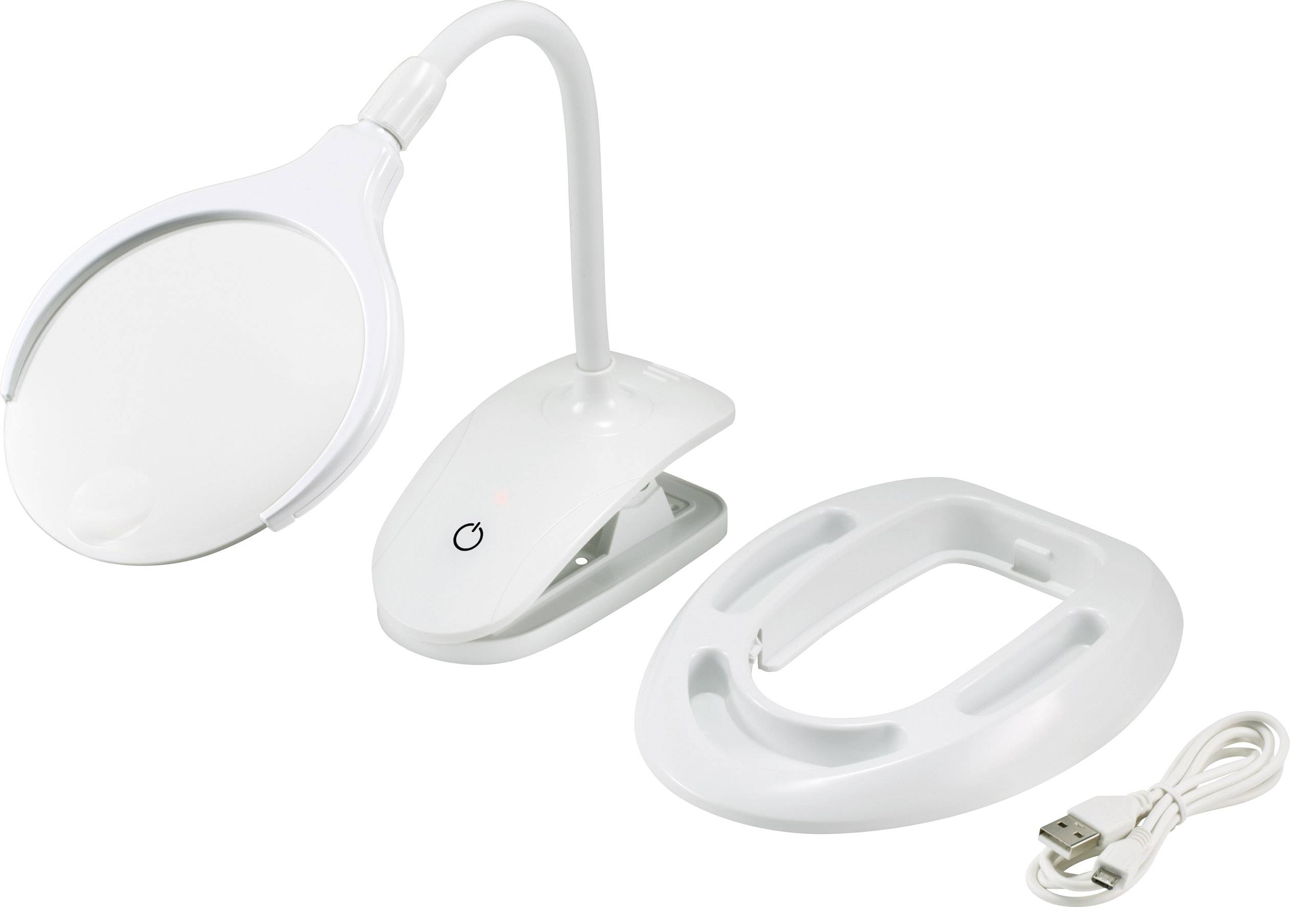 Eine weiße, tragbare Leselupe mit LED-Beleuchtung, flexiblem Hals und USB-Kabel liegt neben einem Klemmfuß auf einem Tisch.