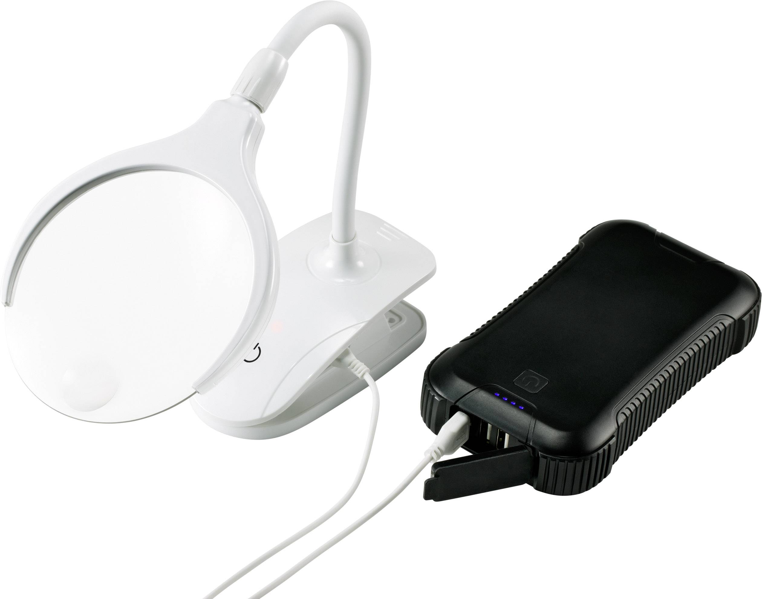 Tragbare LED-Lampe mit Lupenfunktion, verbunden mit einer Powerbank über ein USB-Kabel. Ideal für präzise Arbeiten oder Reisen.