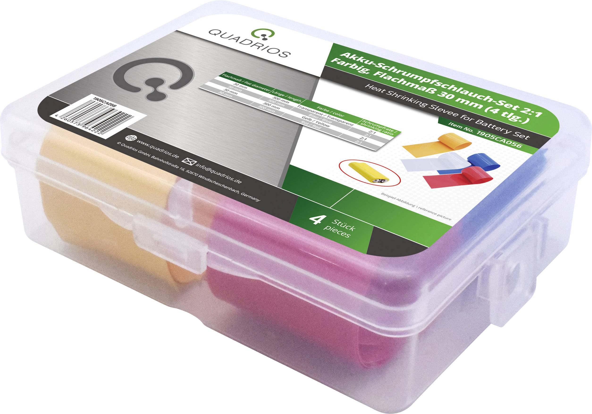 Transparente Kunststoffbox mit Schrumpfschläuchen in verschiedenen Farben. Enthält Set für verschiedene Kabelgrößen von Quadrios.