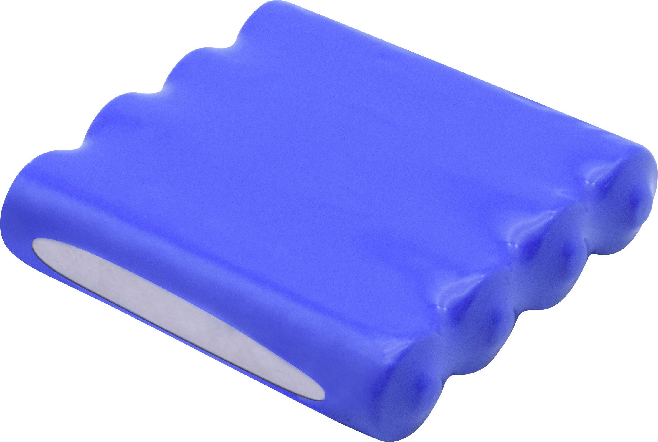 Blauer, rechteckiger Akku mit gerundeten Kanten und vier erkennbaren Zellen.