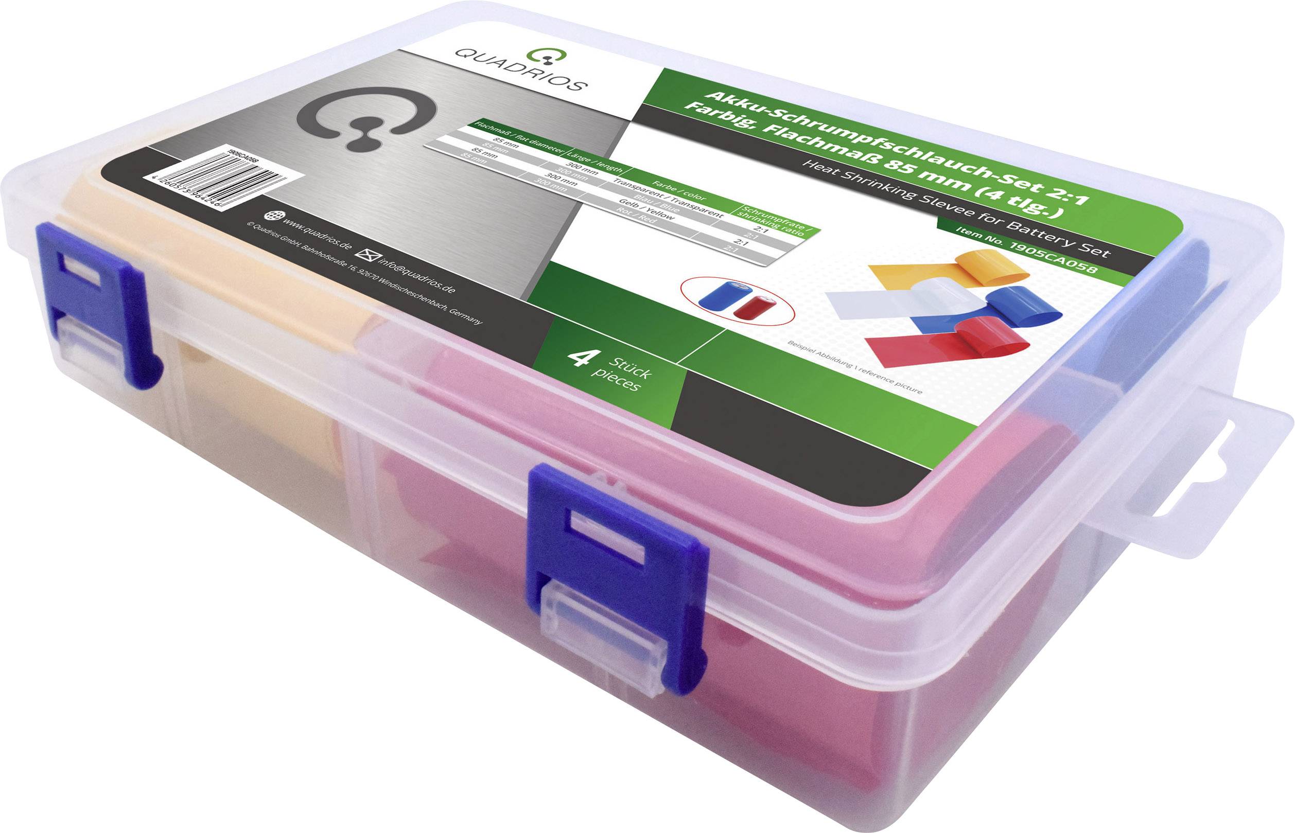 Plastikbox mit vier farbigen Schwammsets, Etikett 'AAA-Schwammschleich-Set 2:1', enthält rote, blaue, gelbe und orange Schwämme.