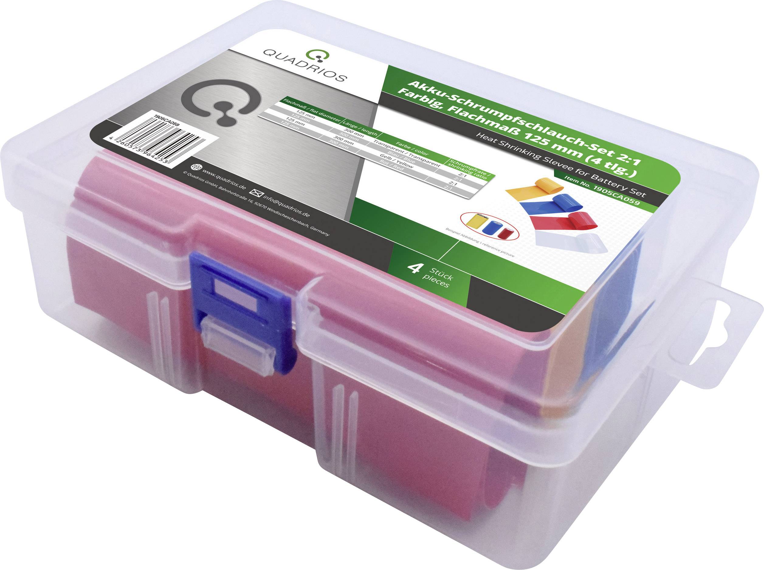 Transparente Kunststoffbox mit Akku-Schrumpfschlauch-Set in 4 Farben. Etikett oben mit Produktinformationen und Abbildung der Schläuche.