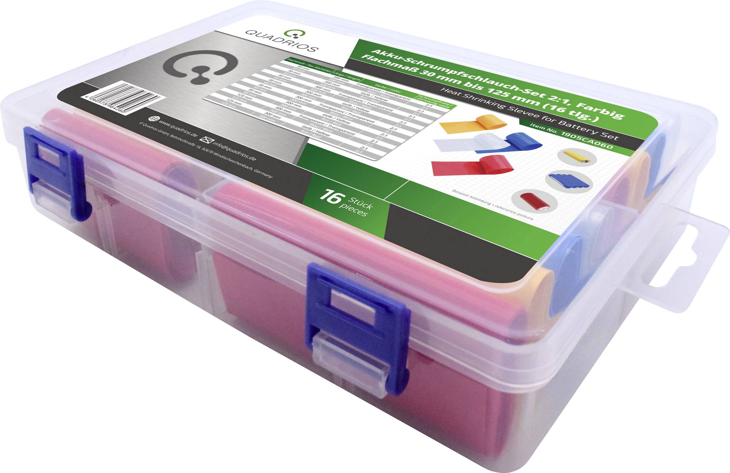 Quadrios 1905CA060 Akkuschrumpfschlauch ohne Kleber Transparent, Blau, Gelb, Rot Schrumpfrate:2:1 16 Teile
