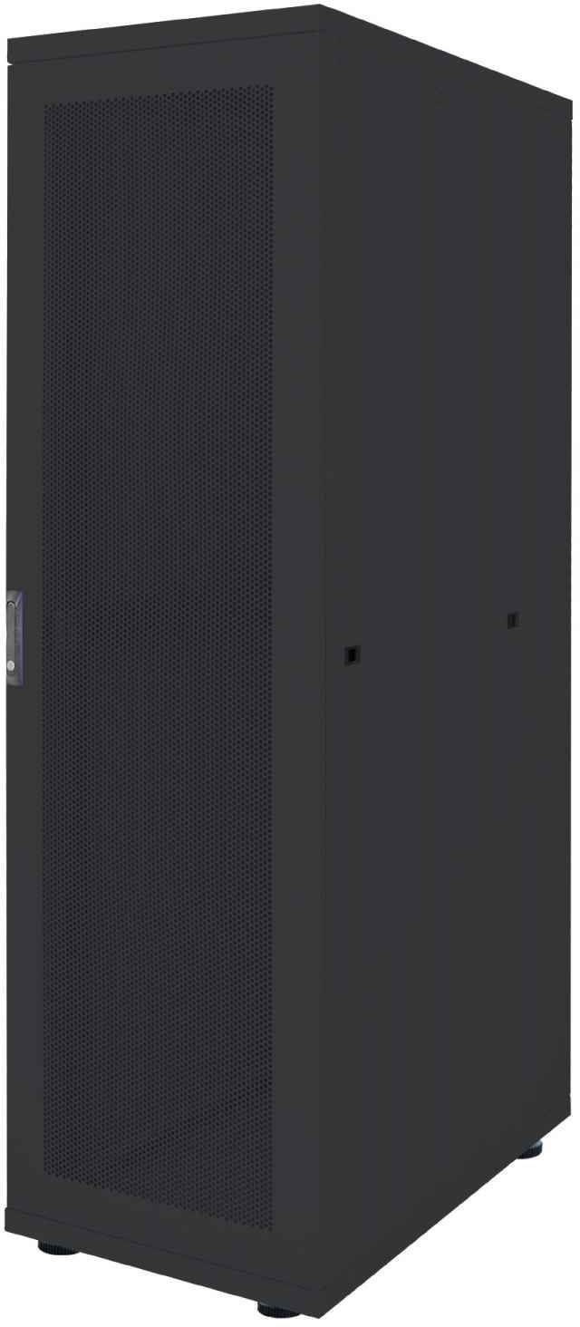 Schwarzer Server-Schrank mit perforierter Fronttür, geeignet zur Belüftung und Aufbewahrung von IT-Geräten in Rechenzentren.