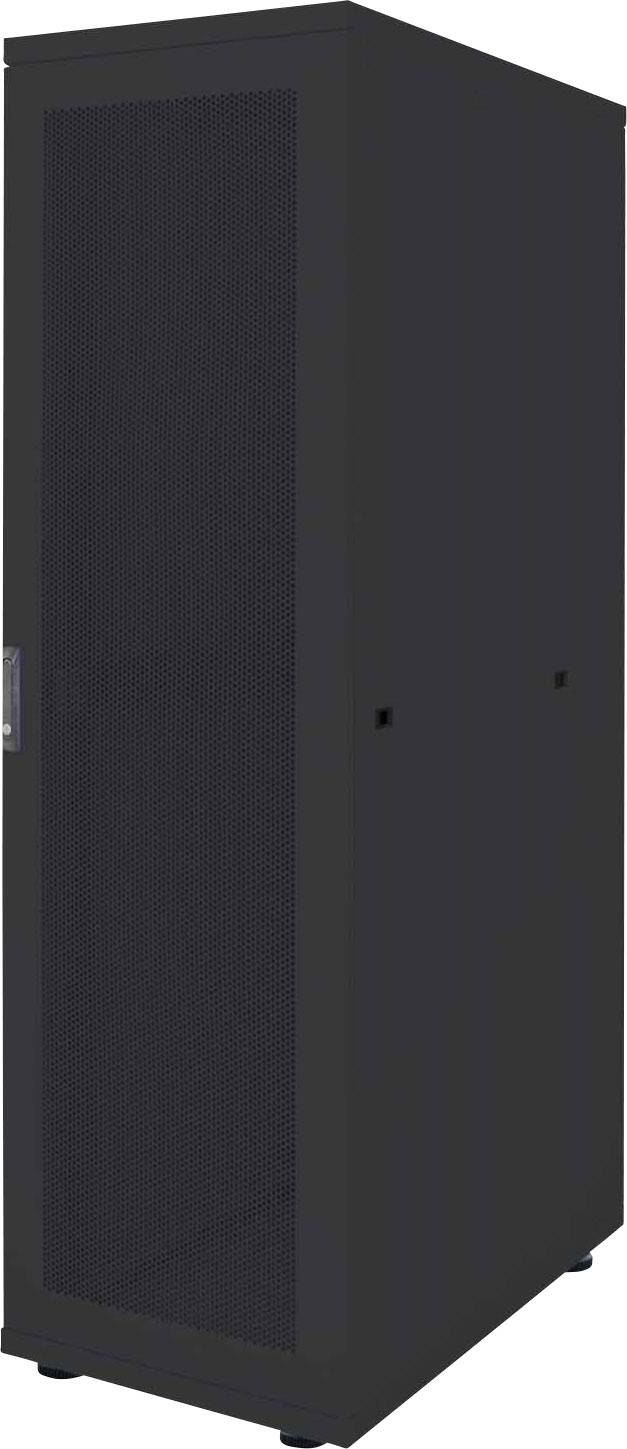 Ein schwarzer Server-Rack-Schrank mit geschlossenen perforierten Türen, geeignet zur Unterbringung von Netzwerkgeräten im Rechenzentrum.