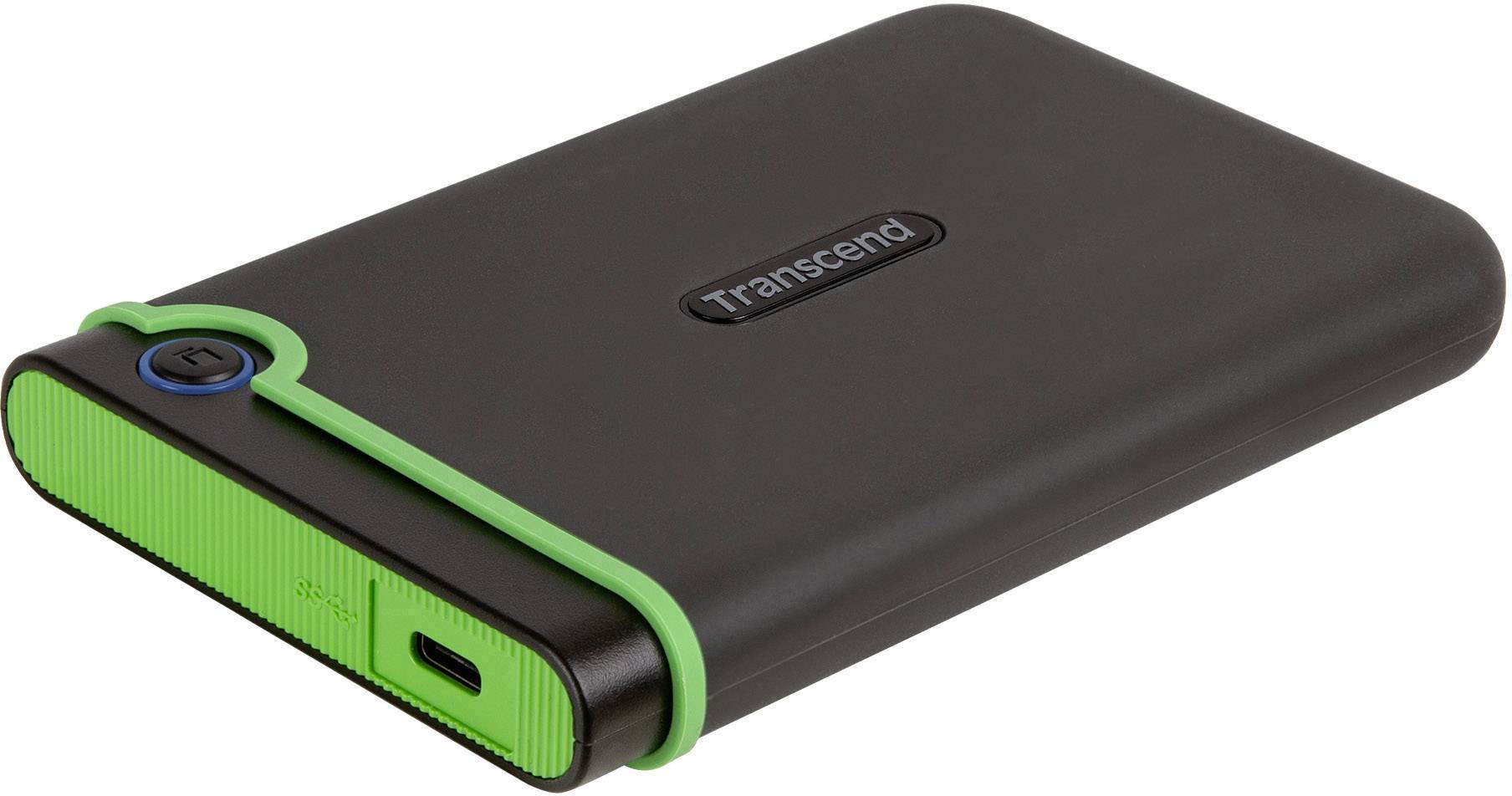 Externe Festplatte, schwarz mit grünem Rand, USB-Anschluss, Transcend-Logo auf der Oberseite.