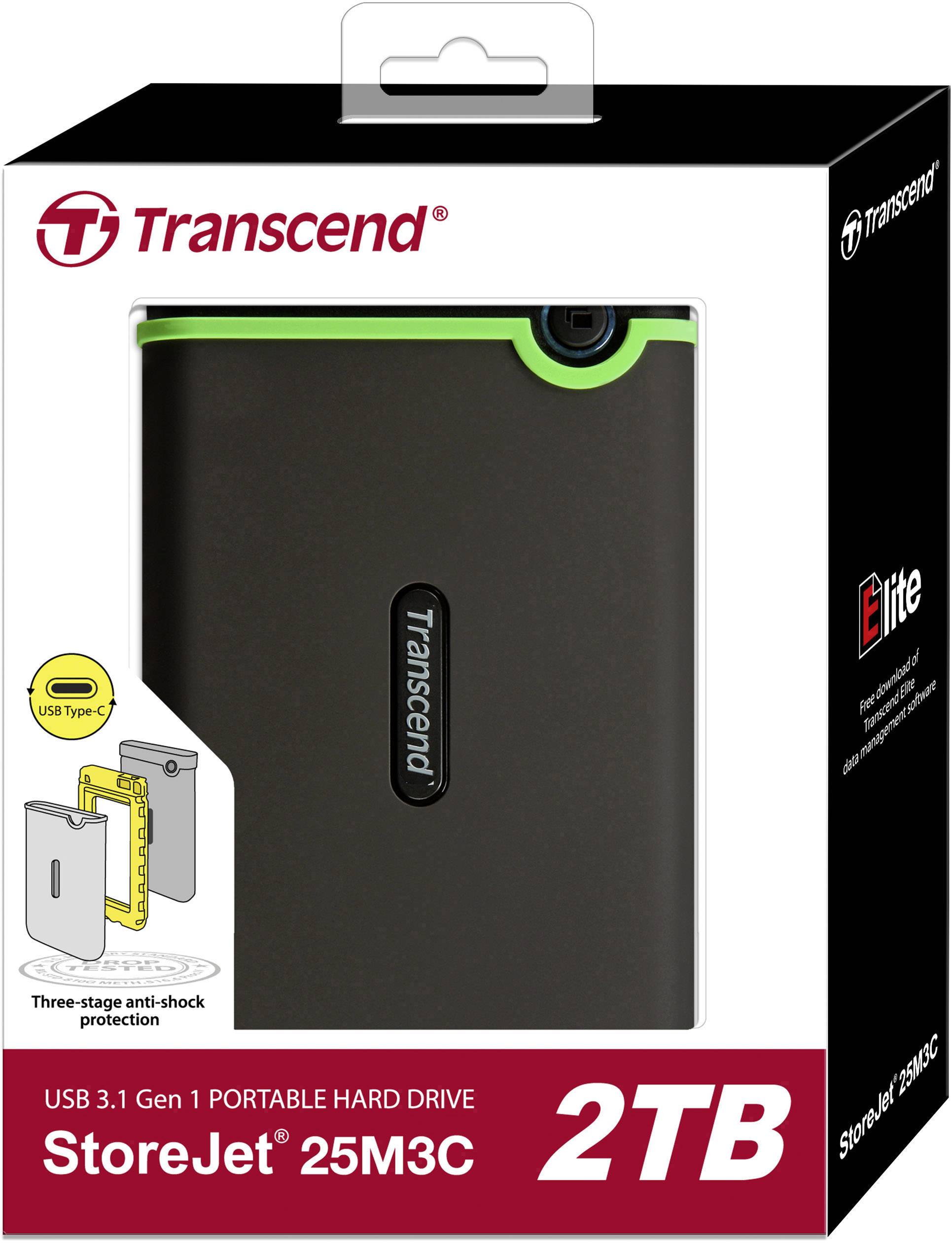 Externe Festplatte 'Transcend StoreJet 25M3C' mit 2TB Speicher, dreistufigem Fallschutz, USB 3.1, abgebildet auf der Verpackung.