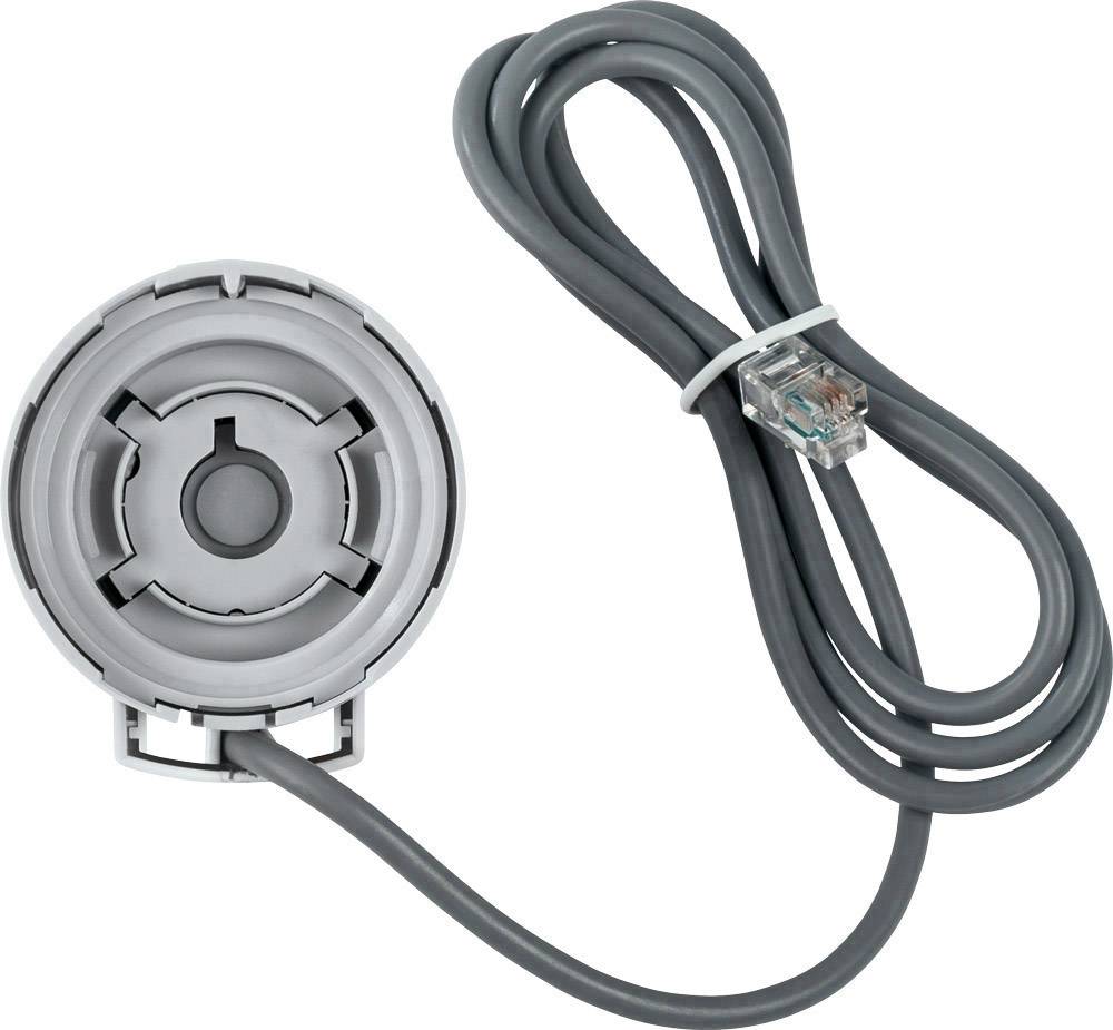 Graues Kabel mit Steckverbinder und runder, grauer Anschlussdose.