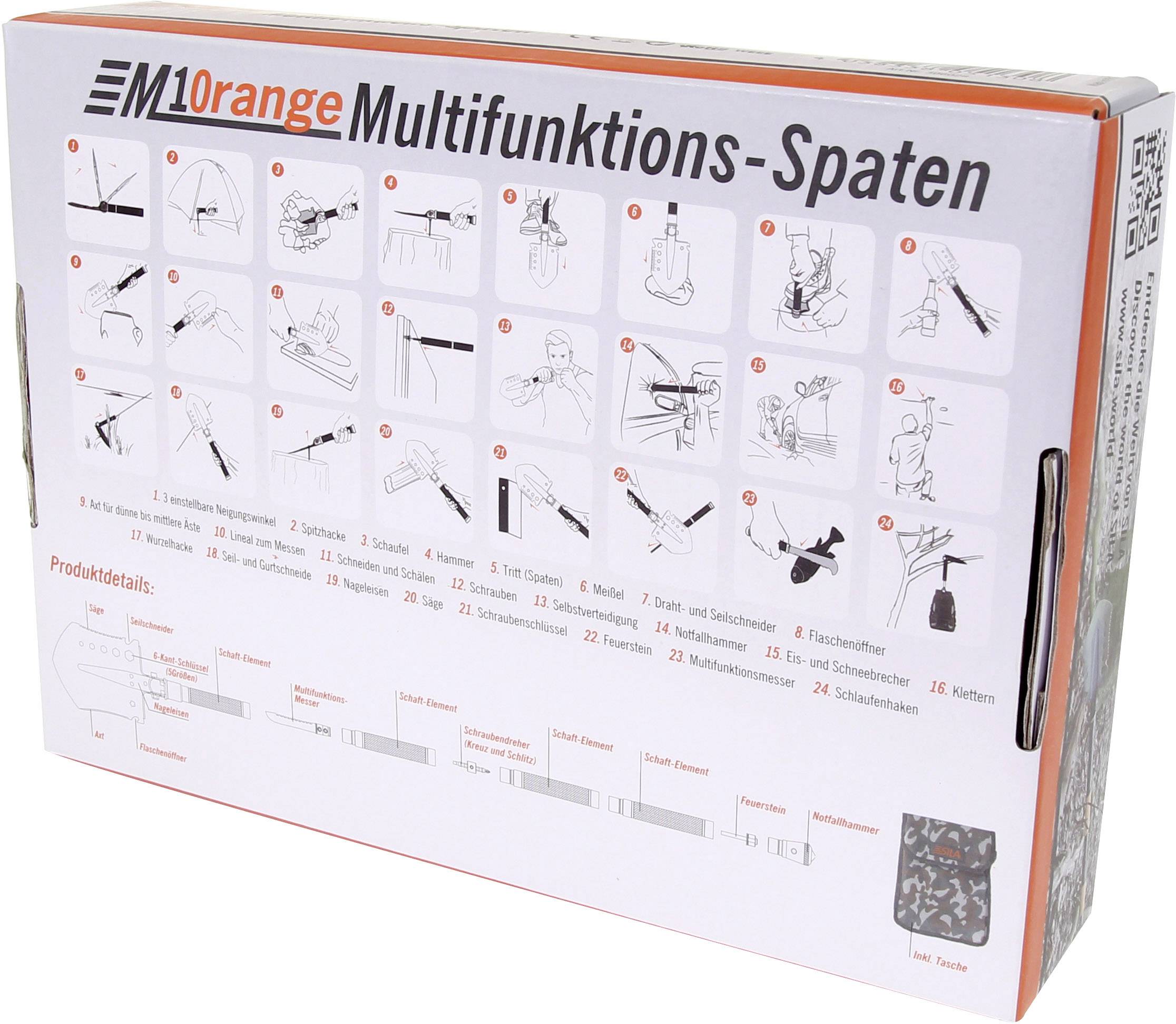 SILA M1Orange 306028 Spaten mit Säge, mit Tasche, mit Sägekante, mit Bit-Halter, mit Feuerstarter, mit Klinge
