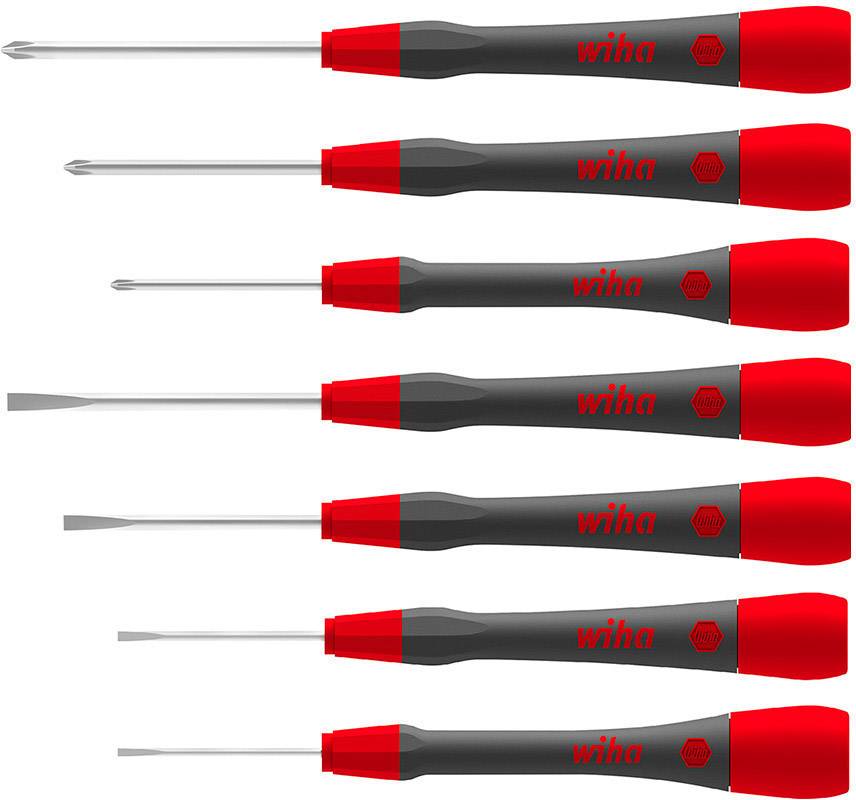 Acht Schraubendreher in verschiedenen Formen und Größen, jeweils mit schwarzem Griff und roten Details, horizontal angeordnet.