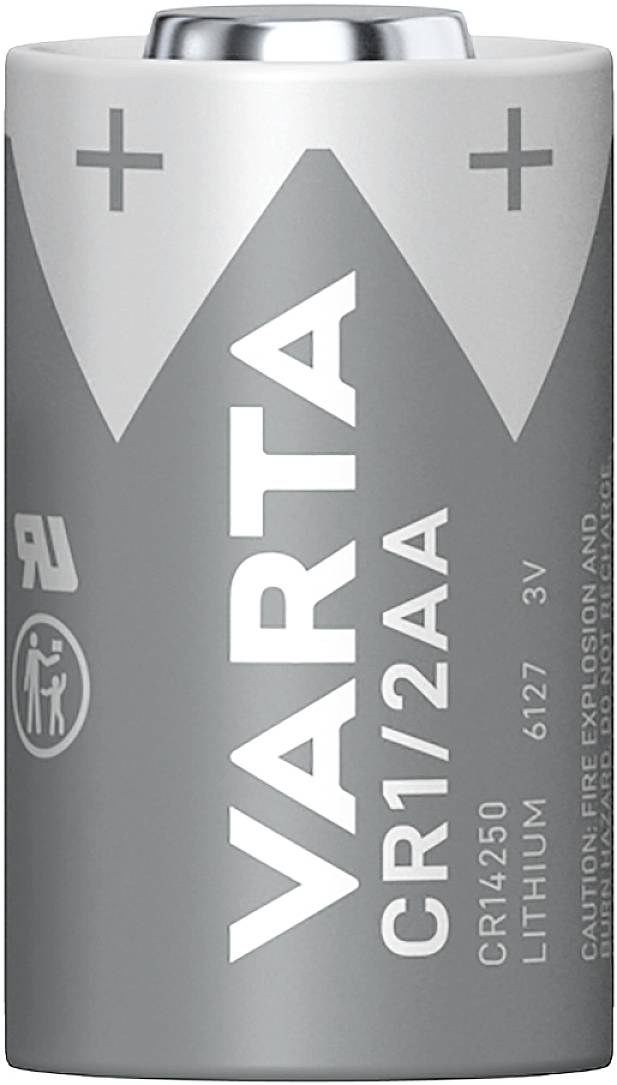 Graue Lithiumbatterie der Marke Varta, Typ CR1/2AA, mit Plus- und Minuspole oben sichtbar.