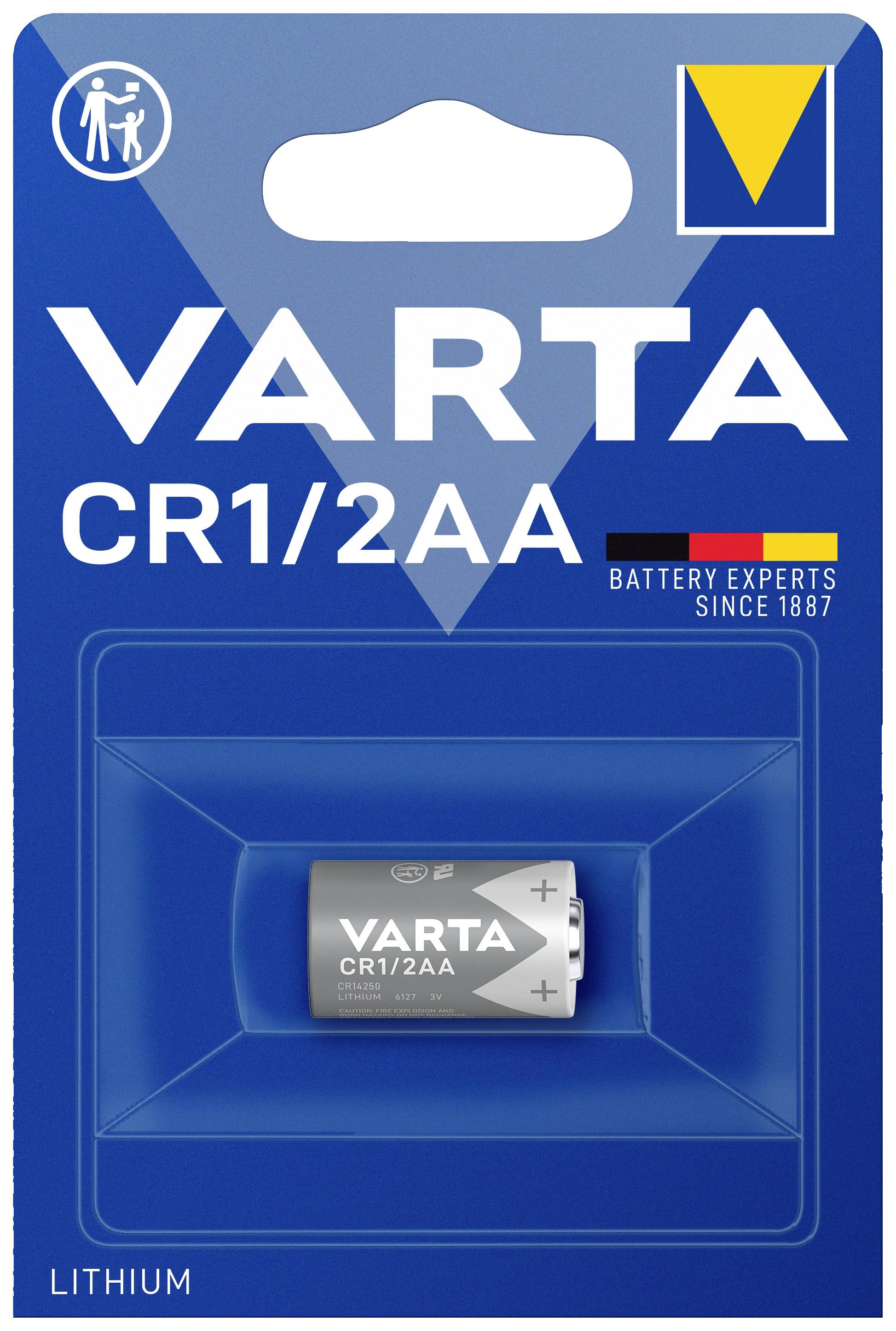 Die Abbildung zeigt eine VARTA CR1/2AA Lithium-Batterie in ihrer Verpackung. Oben steht das Logo und der Schriftzug 'BATTERY EXPERTS SINCE 1887'.