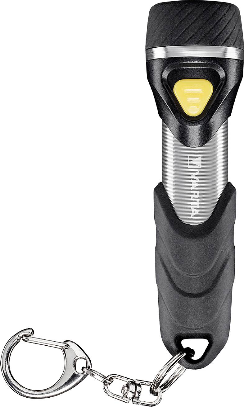 Schwarze LED-Taschenlampe aus Kunststoff mit gelbem Knopf und Schlüsselanhänger.