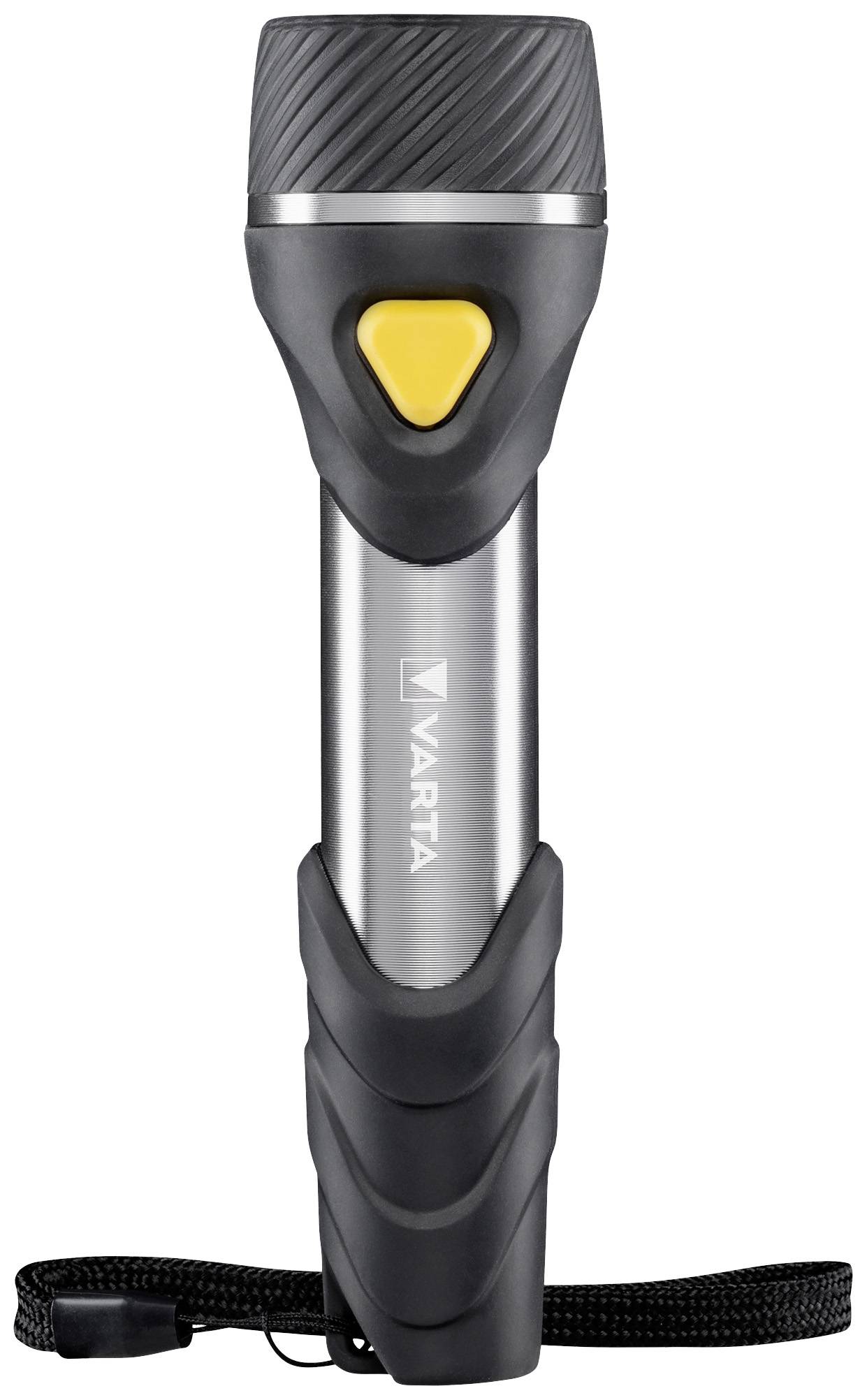 Eine schwarze Taschenlampe mit gelbem Knopf und grauem Griff. Markenname 'Varta' auf der Vorderseite.