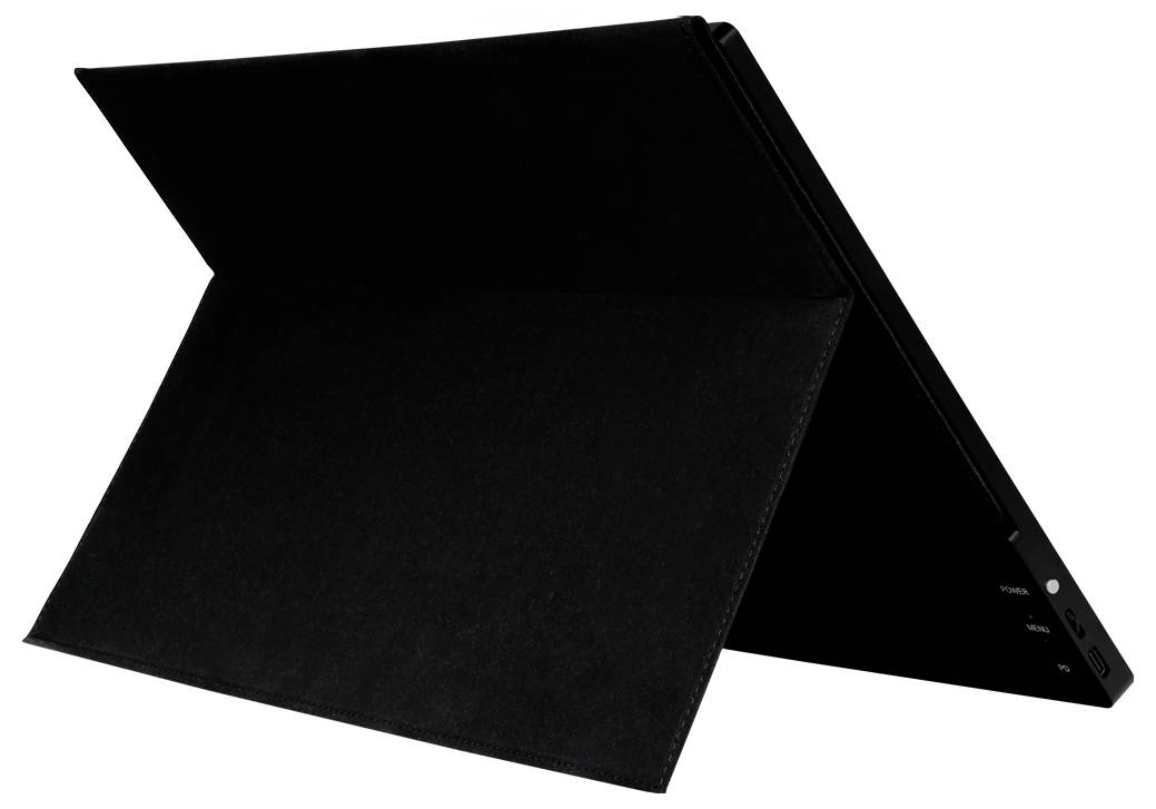 Ein schwarzes Tablet mit angebrachter Schutzhülle steht schräg, sodass der Bildschirm nicht sichtbar ist. Das Gerät ist eingeschaltet.