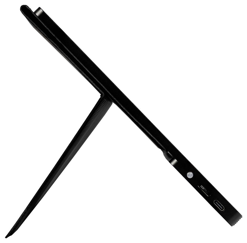Ein schwarzes, modernes Tablet im Profil mit ausgeklapptem Ständer, geeignet für den Schreibtischgebrauch.