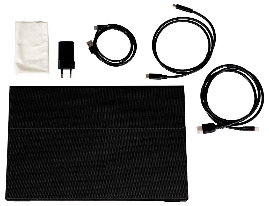 Bild eines zusammengeklappten schwarzen Laptops mit Zubehör: Ladegerät, drei Kabel und ein Reinigungstuch.