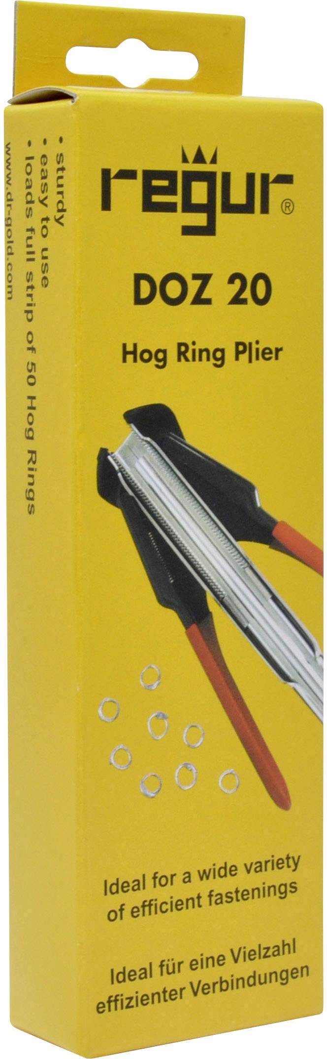 Gelbe Verpackung einer 'regur DOZ 20 Hog Ring Plier', abgebildete Zange und Ringe. Text: 'Ideal für eine Vielzahl effizienter Verbindungen'.