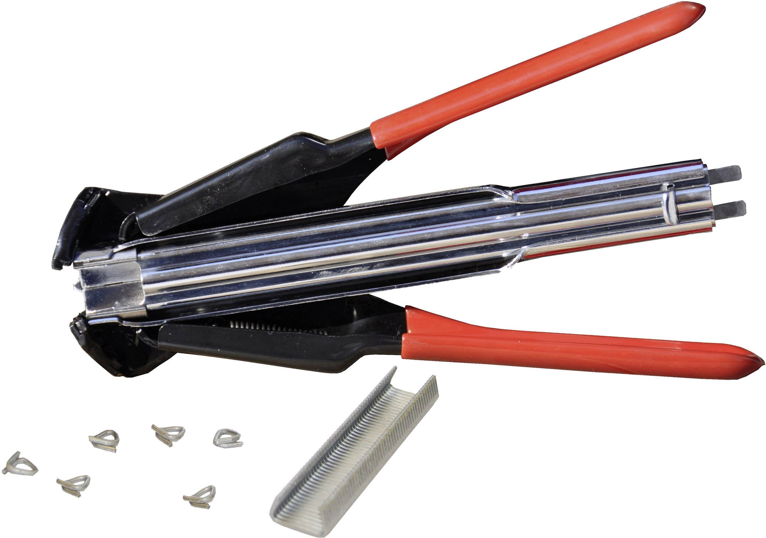 Handgerät mit roten Griffen zum Verschließen von Drahtseilschlaufen, inklusive Metallkämme und Clips zum Sichern von Seilenden.
