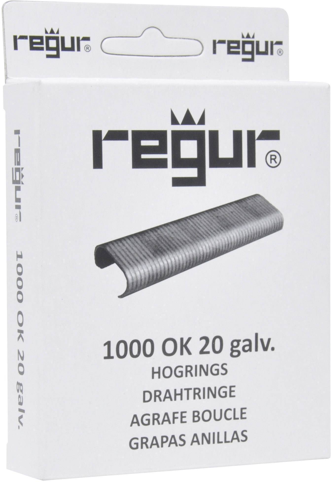 Verpackung von Regur-Hogrings mit der Aufschrift '1000 OK 20 galv.', zeigt ein Bild der Drahtklammern. Enthält mehrere Sprachen.