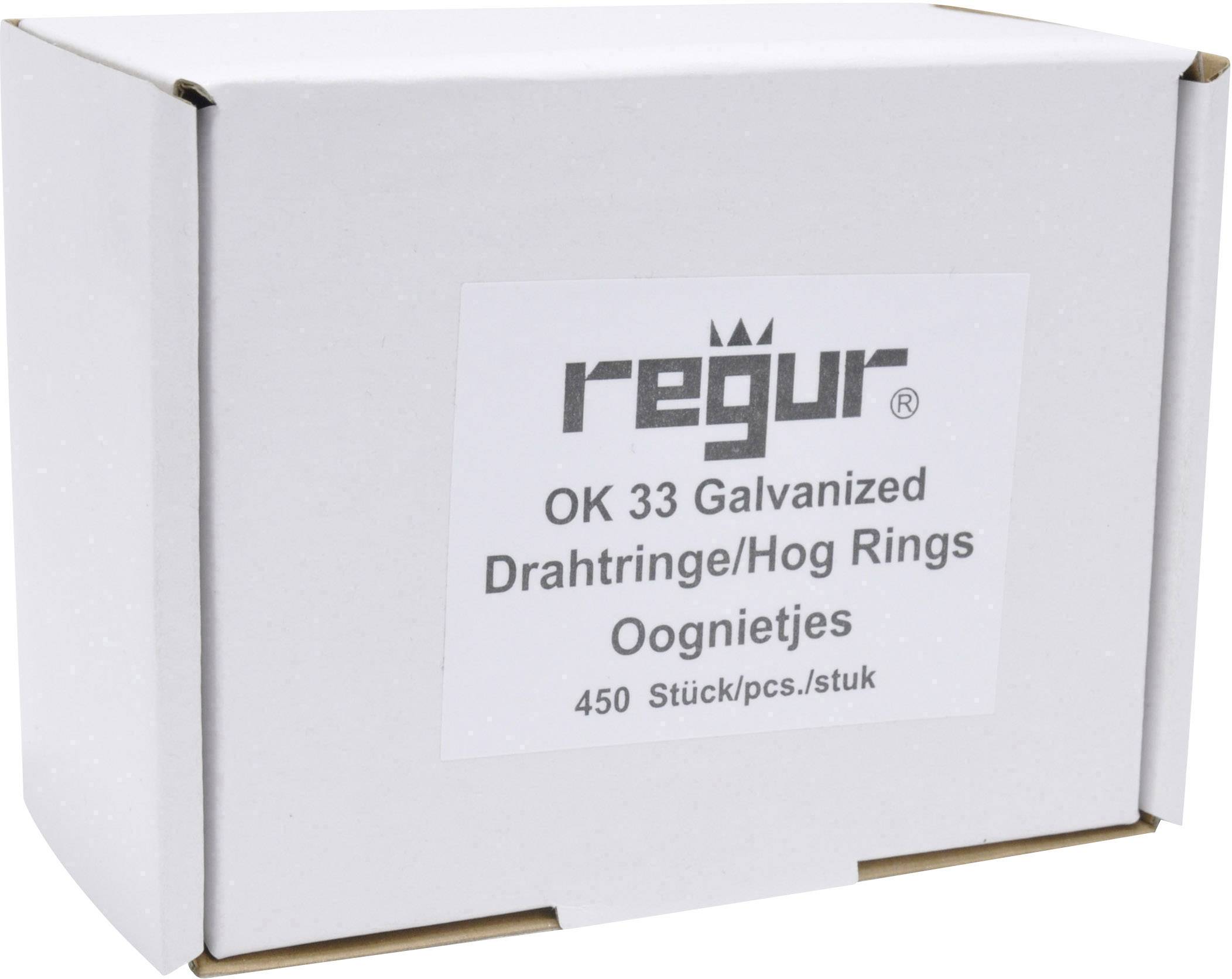 Eine Schachtel mit der Aufschrift 'regur OK 33 Galvanized Drahtringe/Hog Rings, 450 Stück'.