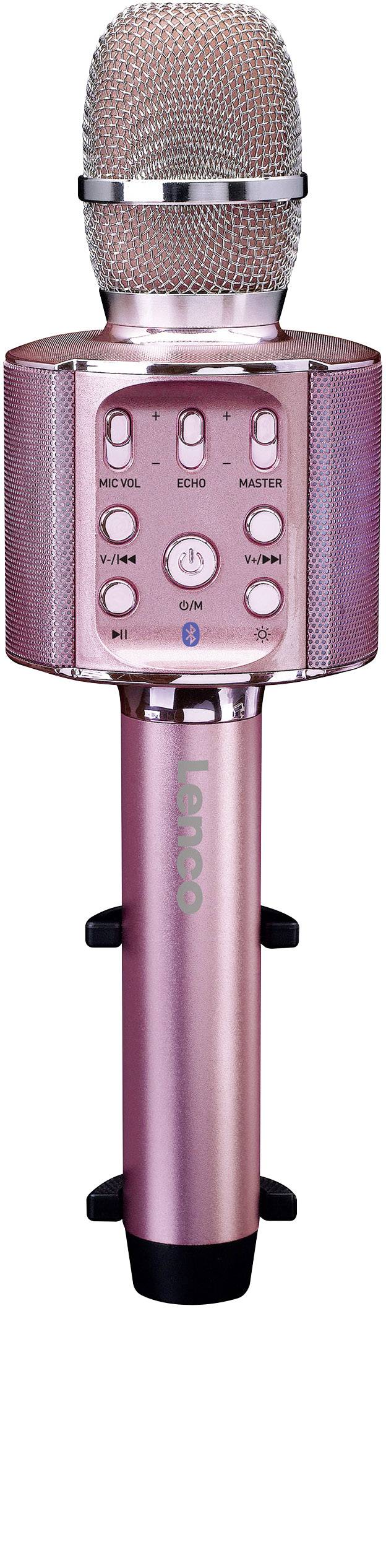 Ein rosa Karaoke-Mikrofon mit eingebauten Lautsprechern und Steuerelementen auf der Vorderseite, geeignet für Gesangsaufführungen.