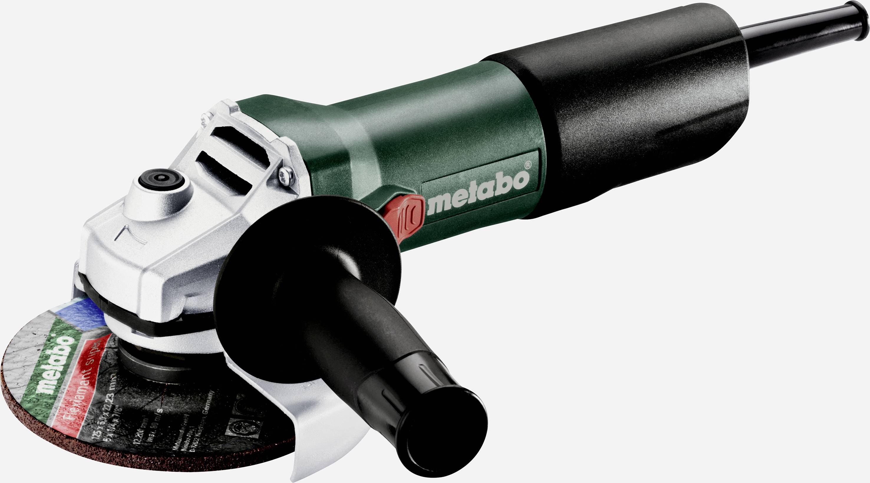 Winkelschleifer mit grün-schwarzem Gehäuse und Metabo-Logo, seitlich angebrachter Handgriff und Schleifscheibe rechts sichtbar.