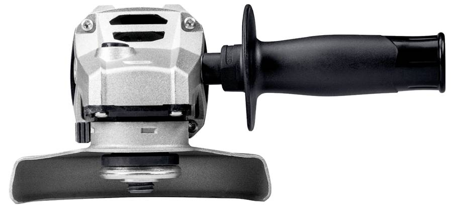 „Das Bild zeigt eine Nahaufnahme einer Winkelschleifer mit schwarzem Griff und Metallschutz, die zum Schneiden oder Schleifen von Materialien konzipiert ist.