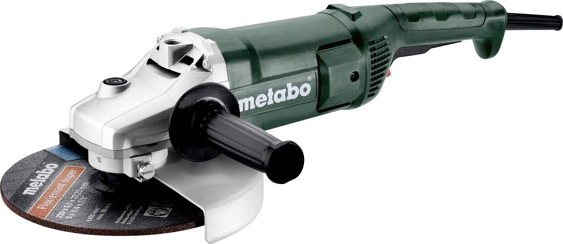Grüner Metabo-Winkelschleifer mit Seitengriff und Schleifscheibe auf weißem Hintergrund.