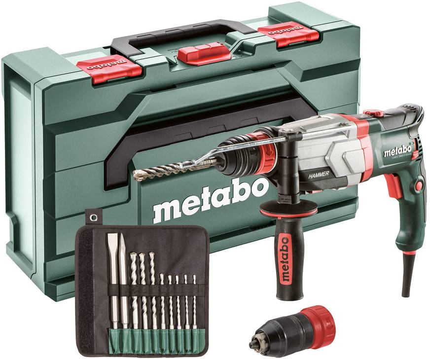 Metabo Schlagbohrmaschinen-Set mit Transportkoffer, Zusatzgriff und verschiedenen Bohrspitzen auf weißem Hintergrund.
