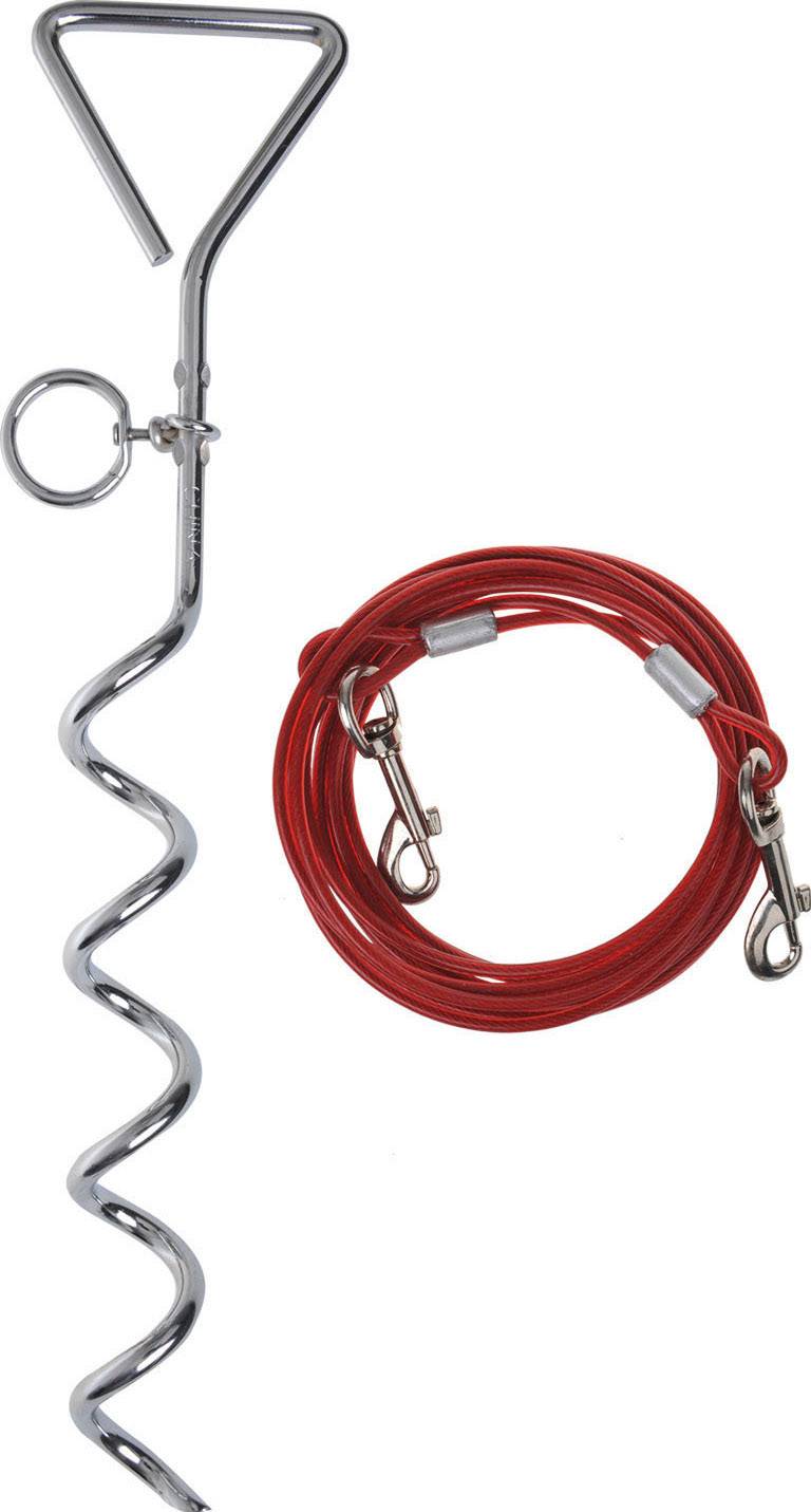 Metallischer Erdnagel mit spiraliger Spitze und rotem Seil mit Karabinern, um Haustiere sicher im Freien anzuleinen.