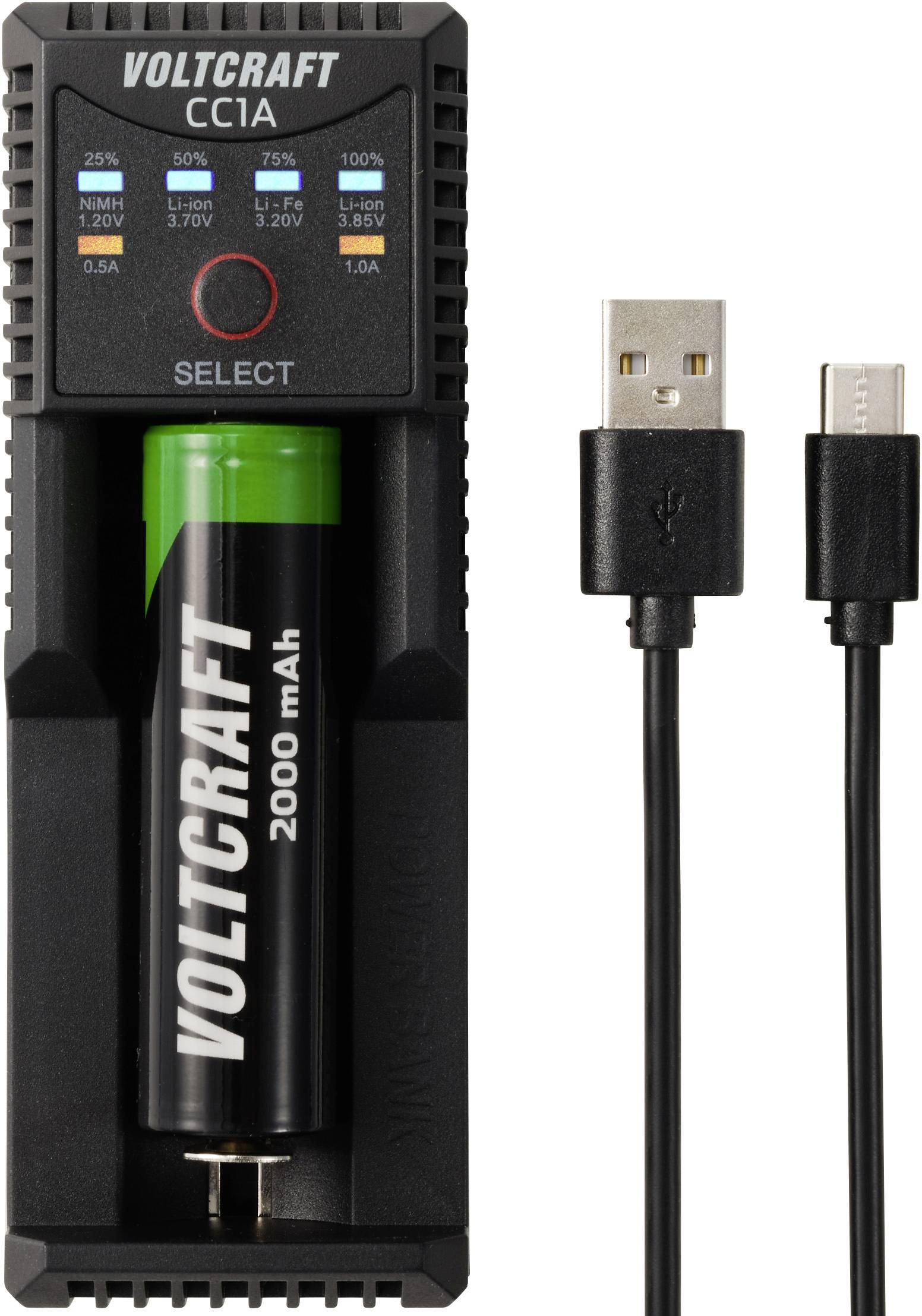 VOLTCRAFT CC1A Rundzellen-Ladegerät NiMH, LiIon, LiFePO, NiCd Mignon (AA), Micro (AAA), Baby (C), 10440, 10500, 12500, 12650