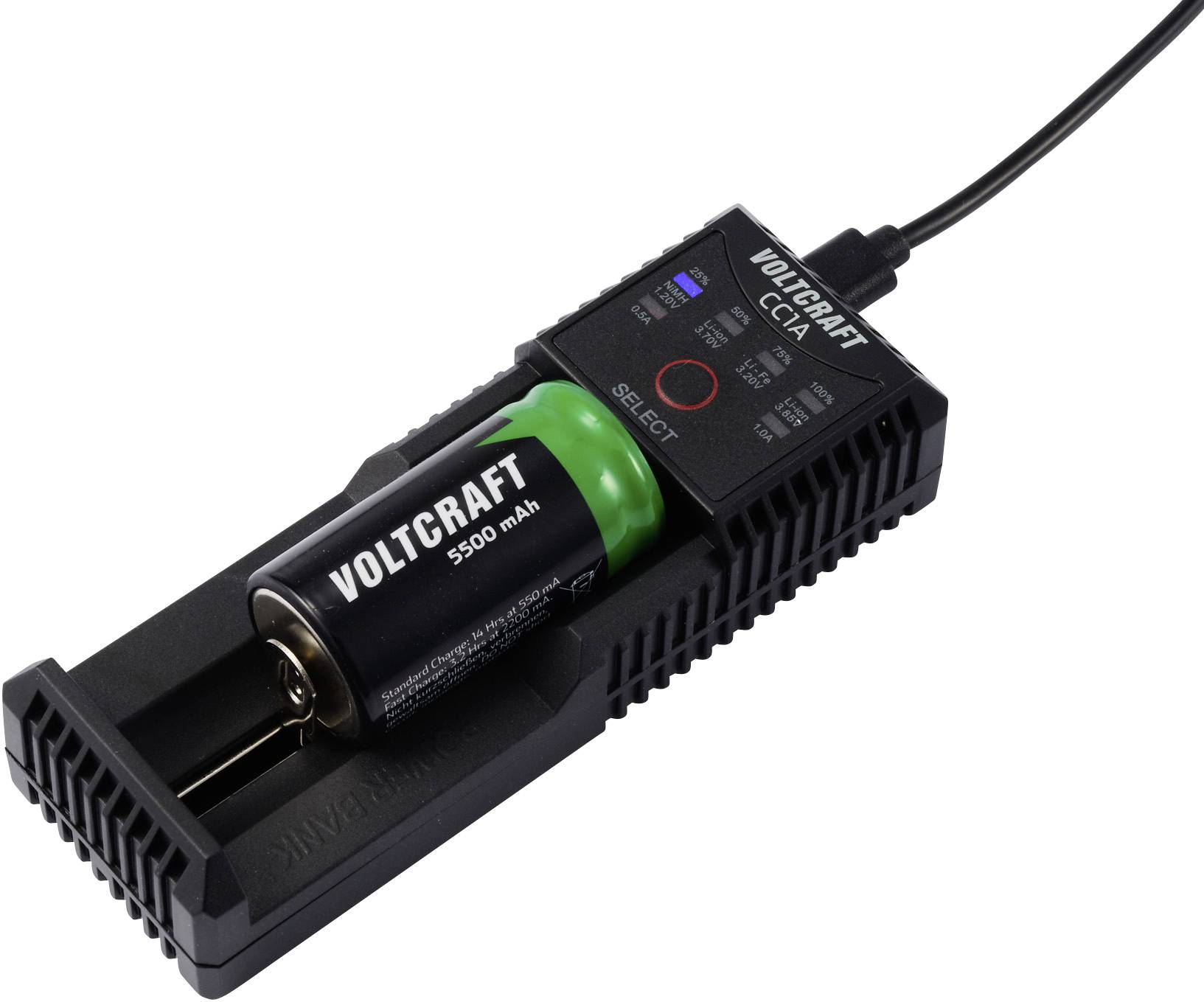 VOLTCRAFT CC1A Rundzellen-Ladegerät NiMH, LiIon, LiFePO, NiCd Mignon (AA), Micro (AAA), Baby (C), 10440, 10500, 12500, 12650
