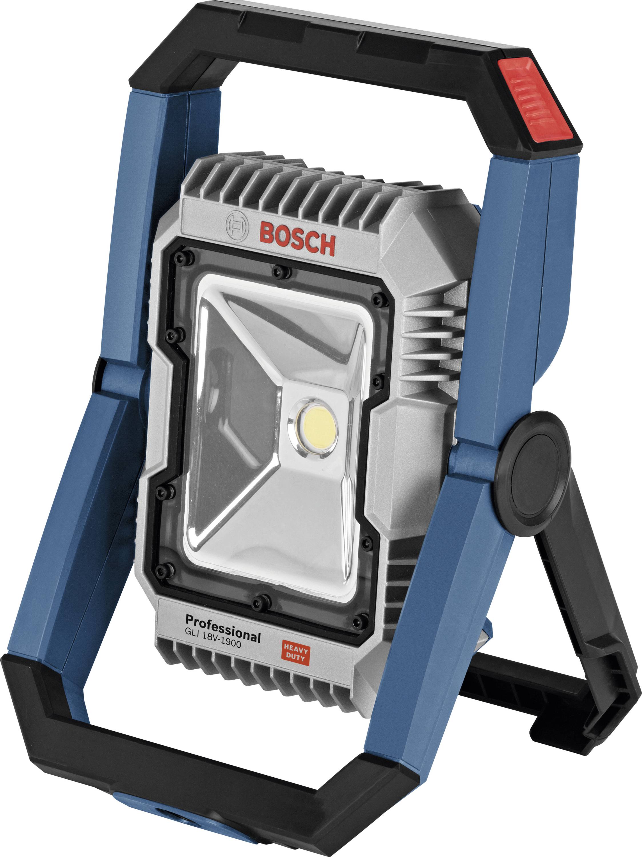 Ein tragbarer LED-Baustrahler der Marke Bosch, hauptsächlich in Blau und Silber, mit robustem Griff und Standfuß.