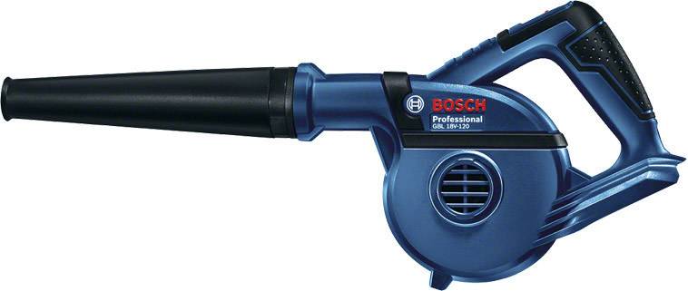 Elektrisches Laubgebläse in Blau mit schwarzem Griff und Düsenrohr, von der Marke Bosch; professionelles Gartenwerkzeug.