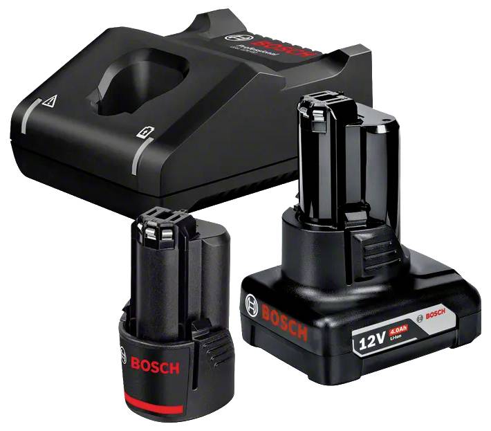 Bosch 12V-Batterieladegerät mit zwei wiederaufladbaren Batterien, dargestellt mit einer Ladestation und aufrecht stehenden Batteriepacks.