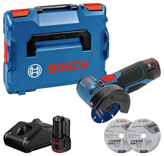 Bosch-Werkzeugset mit Transportkoffer, Elektrowerkzeug, Ladegerät, Akku und zwei Trennscheiben präsentiert.