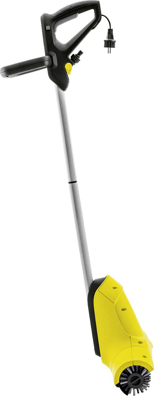 Ein gelber elektrischer Unkrautentferner mit Handgriff und Kabel. Geeignet zur Entfernung von Unkraut auf Pflasterflächen.