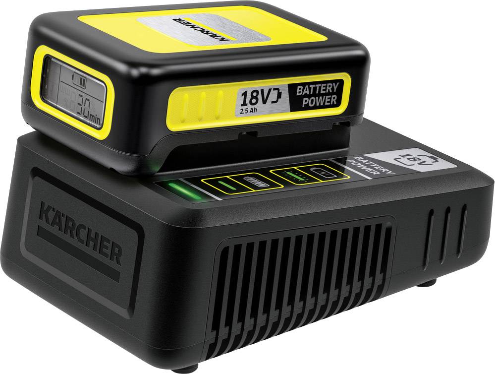 Ein schwarzes Ladegerät mit einem gelben Akkupack der Marke Kärcher. Aufschrift: '18V 2.5 Ah BATTERY POWER'.
