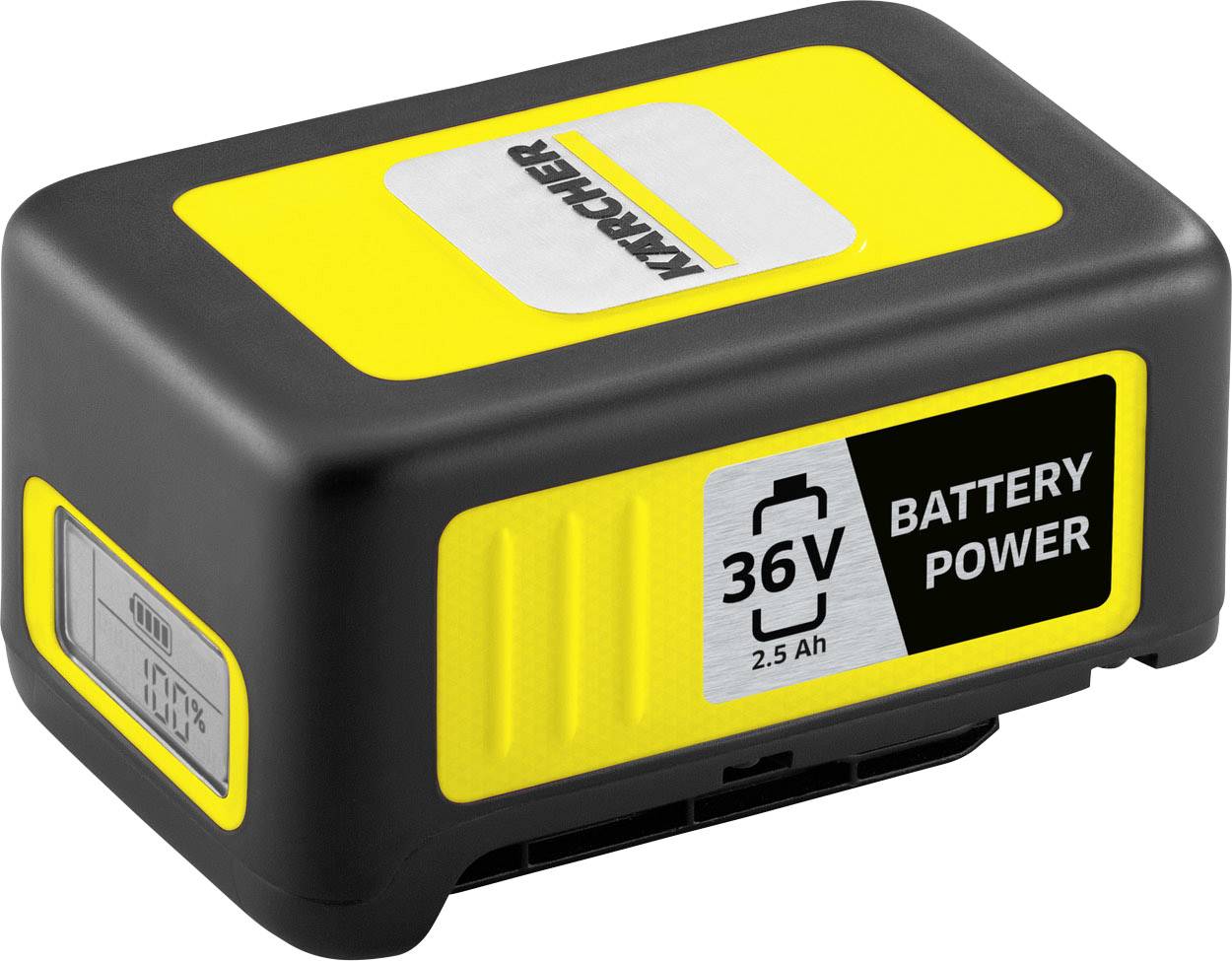 Gelber Kärcher Akku mit der Aufschrift '36V 2.5 Ah Battery Power'.