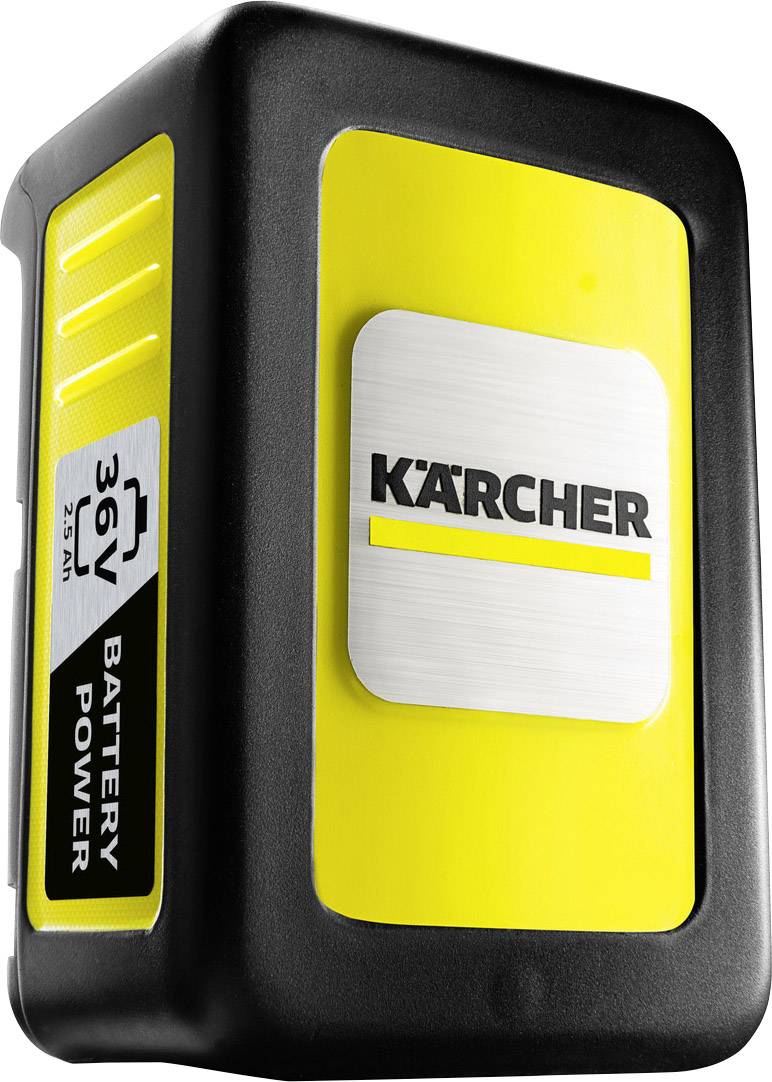 Ein schwarzer und gelber Akku mit der Aufschrift 'Kärcher' und '36V Battery Power', geeignet für Reinigungsgeräte.
