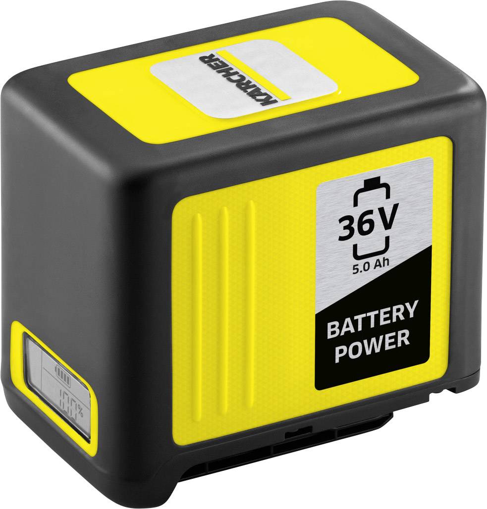 Ein gelber Akku mit der Aufschrift '36V 5.0 Ah BATTERY POWER'.