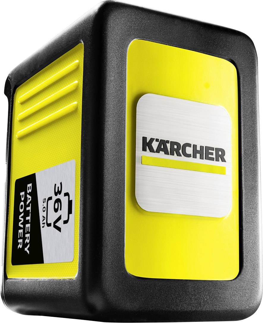 Akkupack von Kärcher in Gelb und Schwarz, '36V 5.0Ah Battery Power' steht auf der Seite. Er wird für Kärcher-Geräte verwendet.