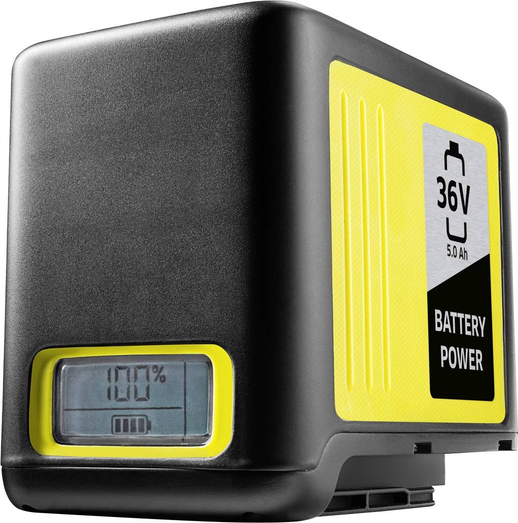 Ein schwarzer und gelber Akkupack mit einem digitalen Display zeigt '100%' Ladezustand an. Beschriftung: '36V 5.0 Ah BATTERY POWER'.