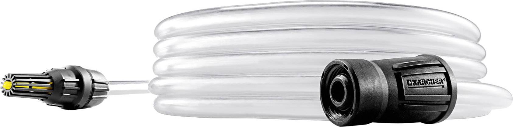 Transparenter, flexibler Kärcher-Schlauch mit schwarzem Anschluss für Hochdruckreiniger, aufgerollt, geeignet für verschiedene Reinigungsaufgaben.