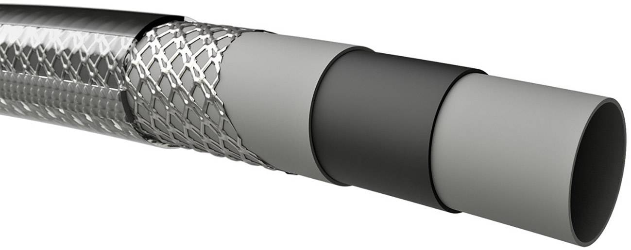 Abbildung eines mehrschichtigen Schlauchs bestehend aus Metallgeflecht, schwarzen und grauen Schichten. Zeigt Konstruktion und Materialien.